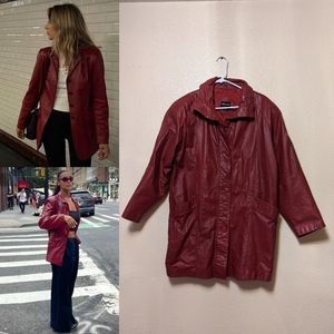 PELLE Red Leather Coat Vintage Button Up Jacket Women Small